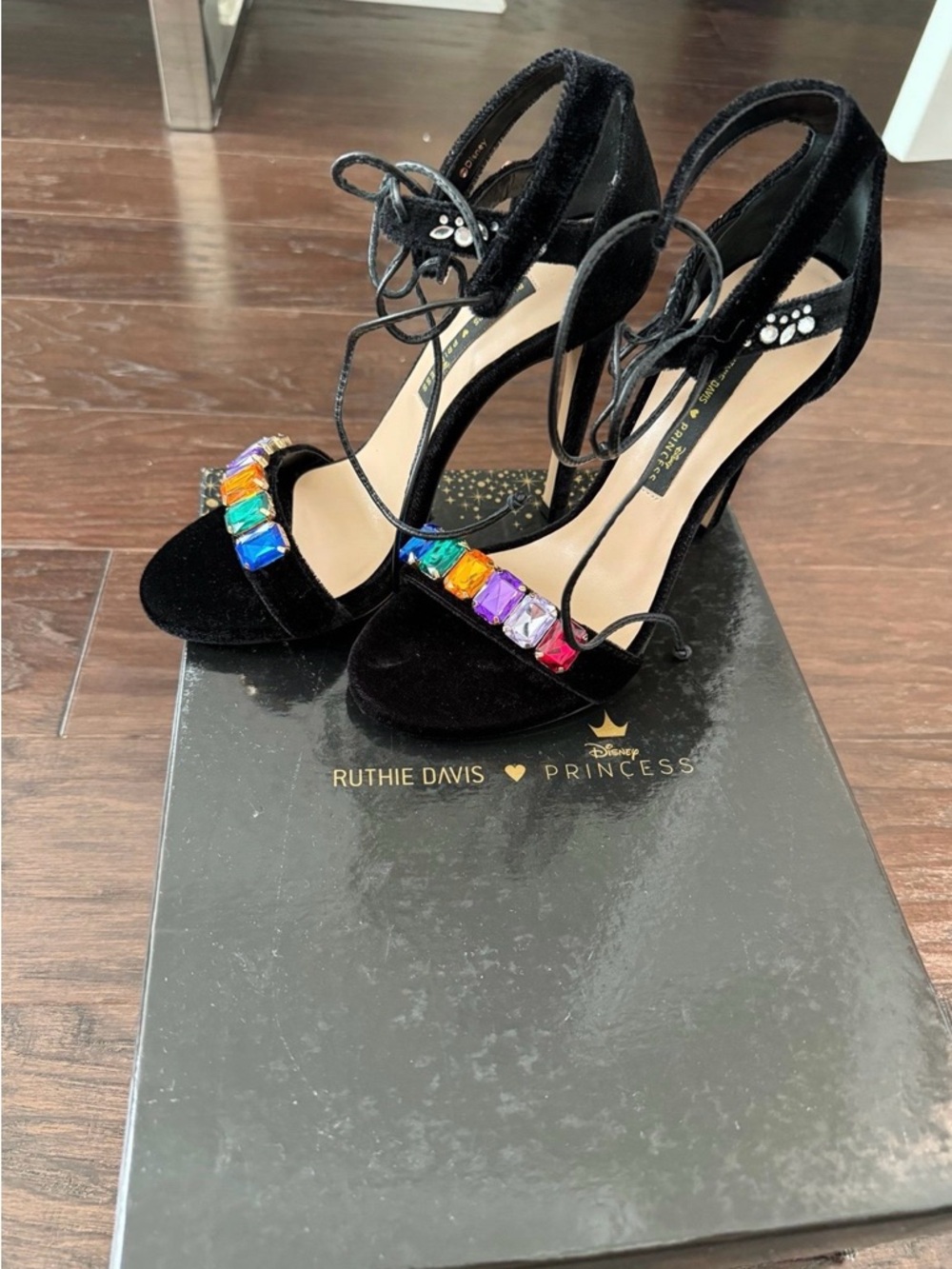 Ruthie Davis Black Velvet Gem-Embellished Lace-Up Sandals